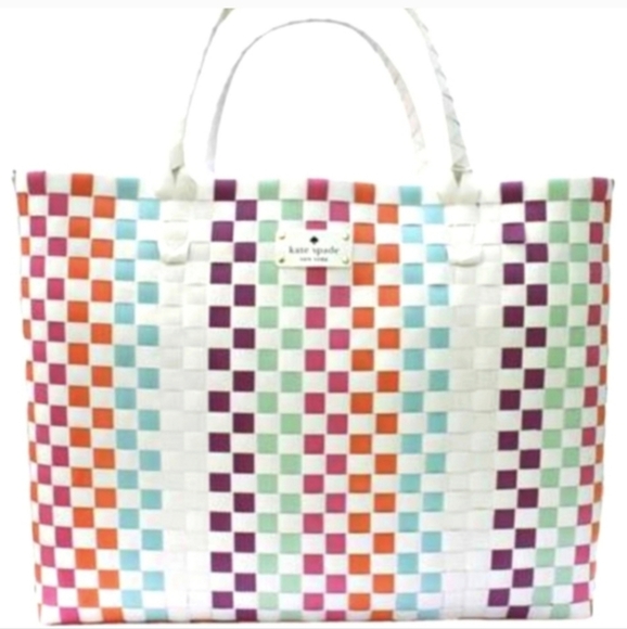 Kate Spade Woven Tote Beach Bag White Multicolor Pastel Brights Striped Large - Picture 1 of 16